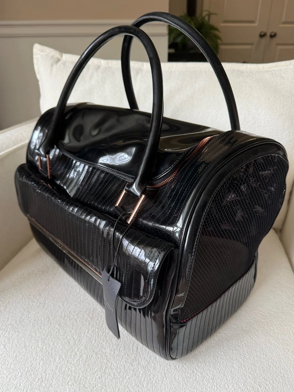 Ted Baker Black Patent Pet Carrier with Rose-Gold Hardware